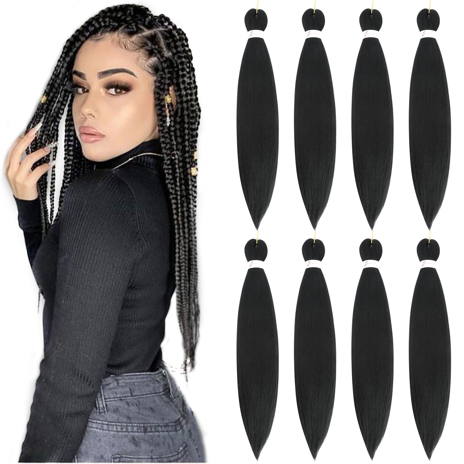 Easy Braid Pre stretched Braiding Hair Extensions - 20 Inch 8Packs Braiding Hair Soft Yaki Texture Crochet Synthetic Hair for Woman Hot Water Setting Crochet Braiding Hair Extensions (1B#) — image 1