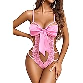 Avidlove Teddy Lingerie for Women Deep V Neck One Piece Babydoll Bow Tie Bodysuit Smooth Ribbon Boudoir Sleepwear