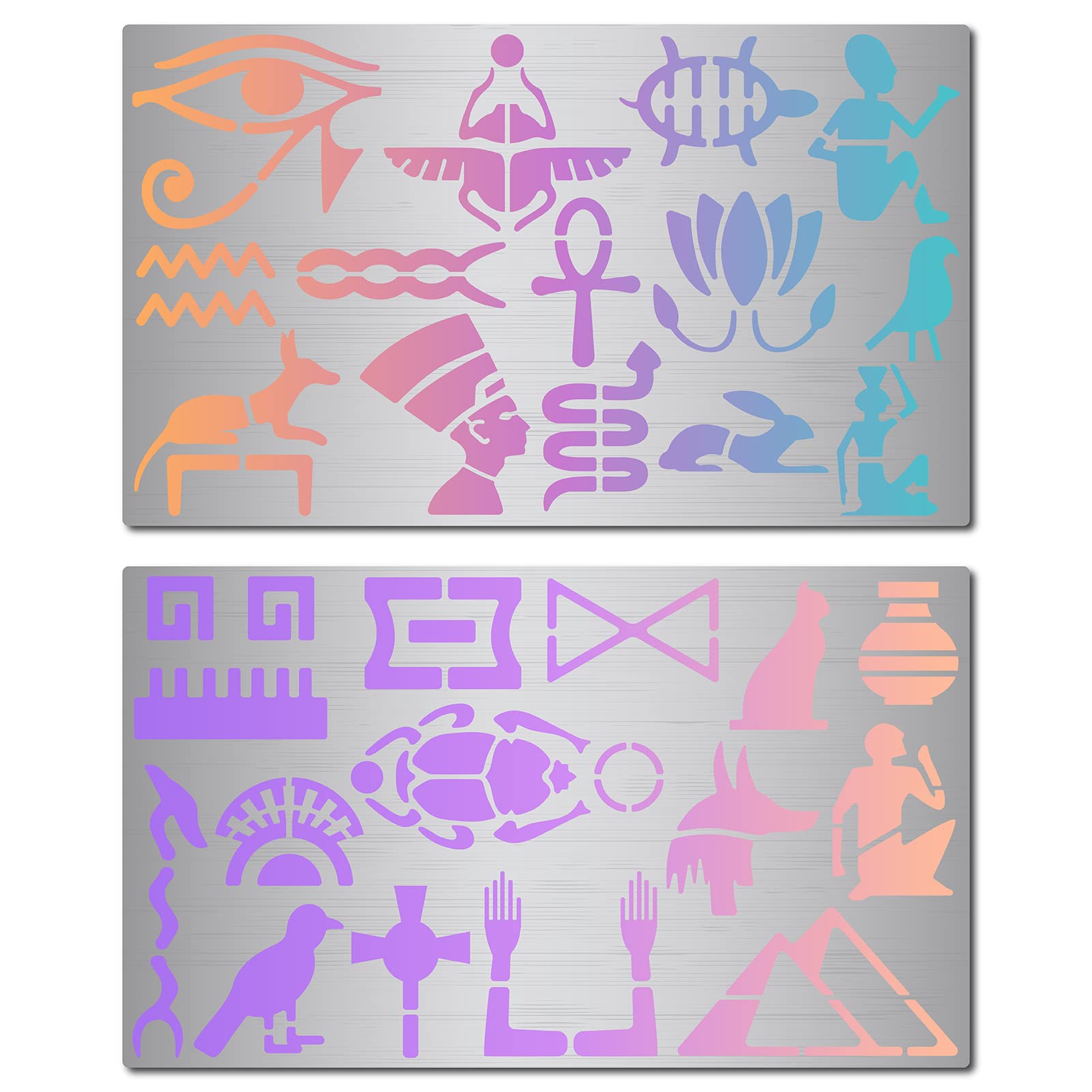 GORGECRAFT 2 Styles Metal Egyptian Symbol Stencil Animal Hieroglyphics Stencils Reusable Stainless Steel Painting Template for Wood Burning Pyrography Engraving Drawing Crafts