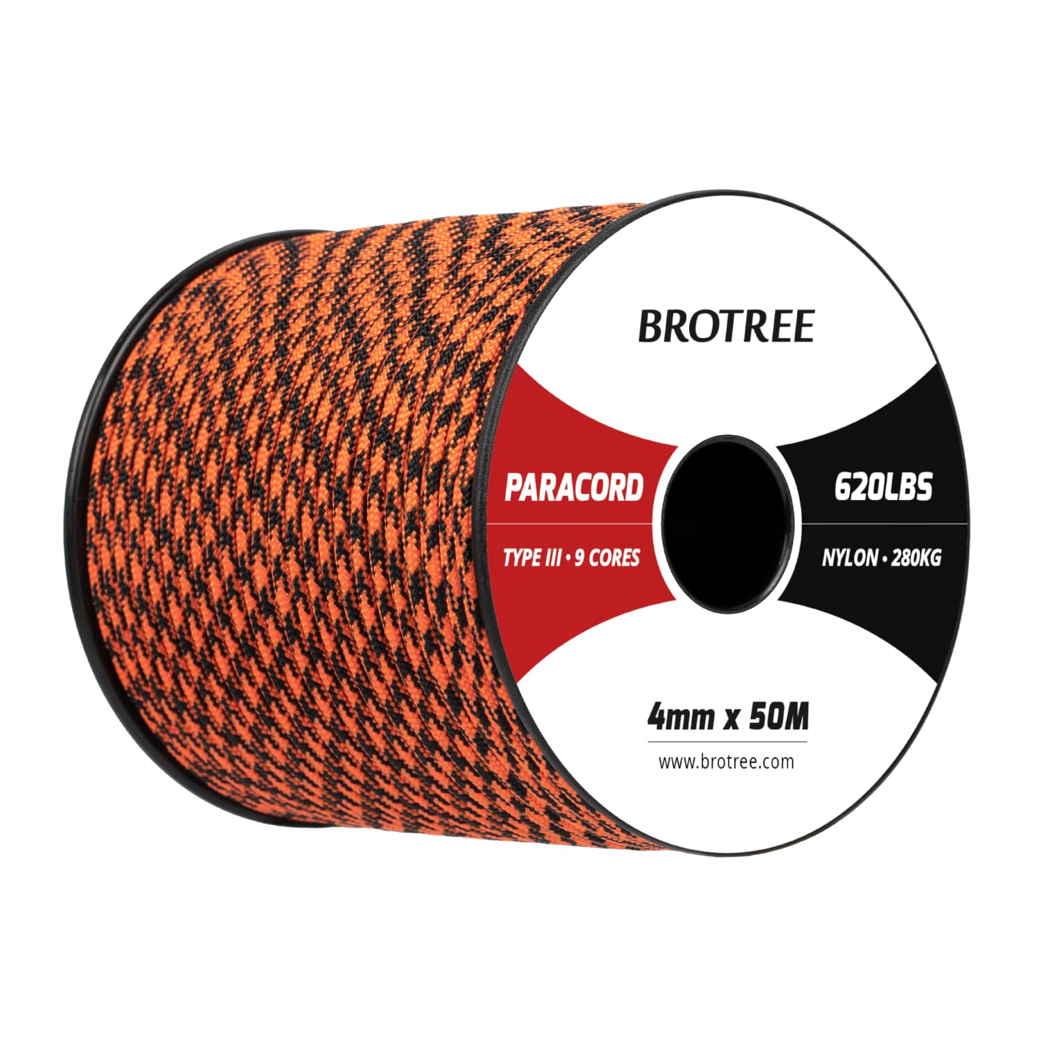 Brotree Paracord 4mm 50M 9 Strands 100% Nylon Rope Type 3 Parachute Cord for Outdoor, Bracelet, DIY - 280kg Breaking Load (Black Widow)