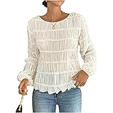 Floerns Women's Elegant Lantern Sleeve Shirts Crewneck Fall Outfit Dressy Casual Blouse Tops
