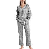 COZYPOIN Womens Gingham Pajama Sets Scalloped Collar Cotton Plaid Button Down Long Sleeve Shirt and Pants Y2K Lounge Set