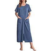 Ekouaer Women Long House Coat Zipper Front Robes Full Length Nightgowns with Pockets Striped Loungewear S-4XL
