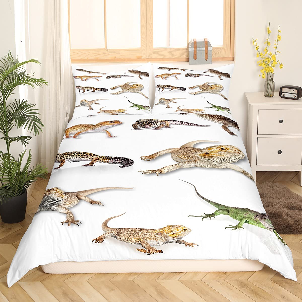 Loussiesd Reptile Bedding Set for Kids Girls Boys Teens Child,Leopard Gecko Comforter Cover Primitive Wildlife Animals Lizard Beige White Green,Decor 2 Pcs Duvet Cover Single & Zipper Ties — image 1