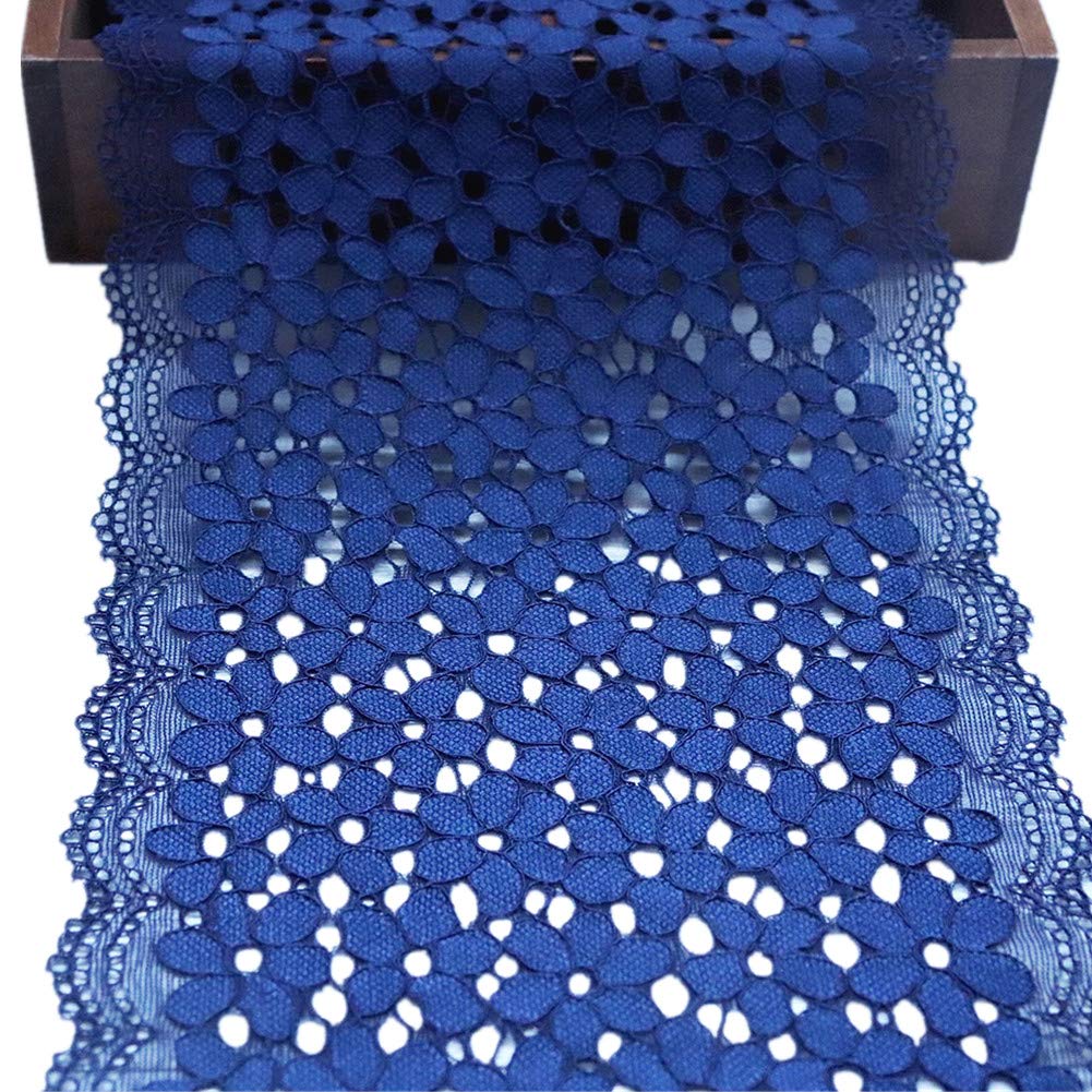 5 Yards Forget-me-not Floral Lace Ribbon Stretchy Embroidered Tulle Lace Trimming Fabric Width 18cm for Hair Accessories Sewing Crafts Wedding Party Decorations (Blue)