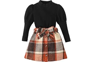 Kucnuzki Toddler Baby Girl Fall Winter Clothes Long Sleeve Ribbed Shirt Top Corduroy Mini Skirt Plaid A-line Dress Outfit