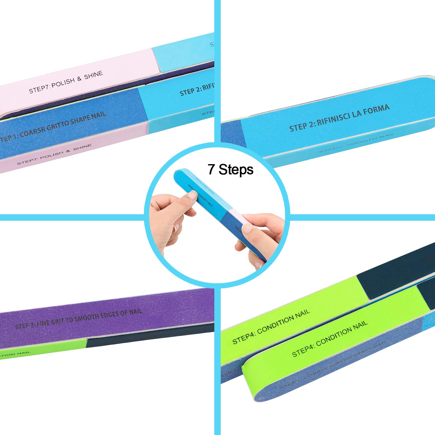 EAONE Nail File Buffer, Professional Manicure Tools Kit, 7 Sided Fingernail Files 6 Pack, Nail Buffer 100/180 Grit 10 Pack, Stainless Steel Nail File 1 Pack, Stainless Steel Cuticle Pusher 1 Pack : Beauty