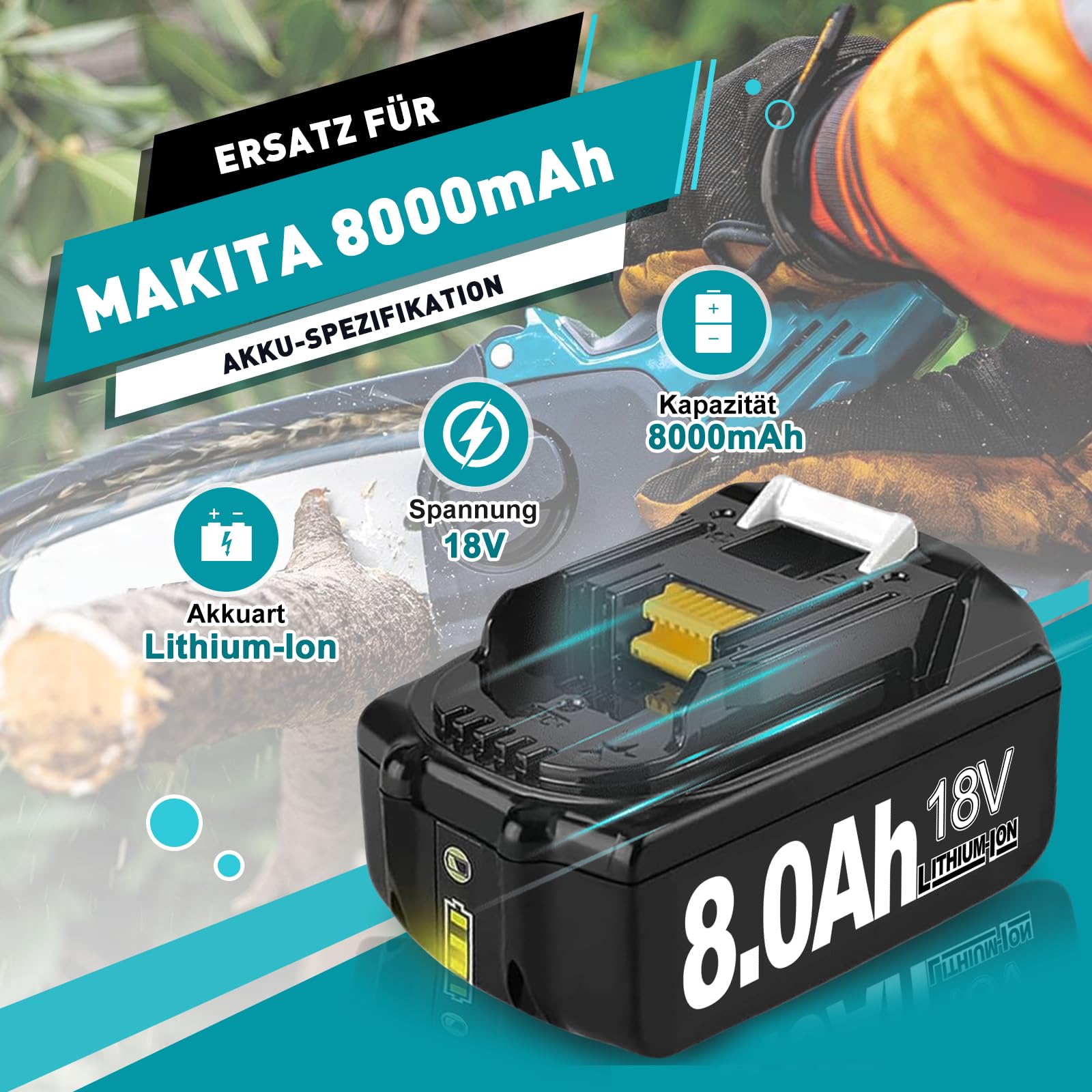2 Stück 18V 8,0Ah Ersatzakku für Makita Akku 18V BL1860B BL1830 BL1850 BL1845 BL1840 BL1860 Li-Ion Kompatibel mit Makita Akku Elektrowerkzeugen und Ladegeräten mit LED-Anzeiger (8.0-2PACK) 3