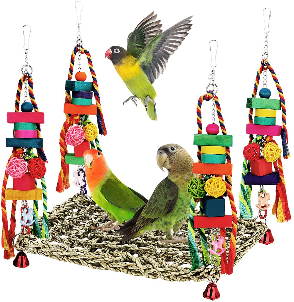 Bird Foraging Wall Toy, Seagrass Woven Hammock Swing Mat with Colorful Wooden Chewing Toys for Lovebirds, Parakeets, Conure, Cockatiel (Large)