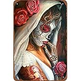 Rustic Metal Tin Sign Sugar Skull Beauty Retro Art Wall Decor Antique Tin Sign Vintage Advertising Metal Tin Sign Farmhouse Coffee Shop Street Garden Garage Door Shop Metal Signs 8x12 Inch