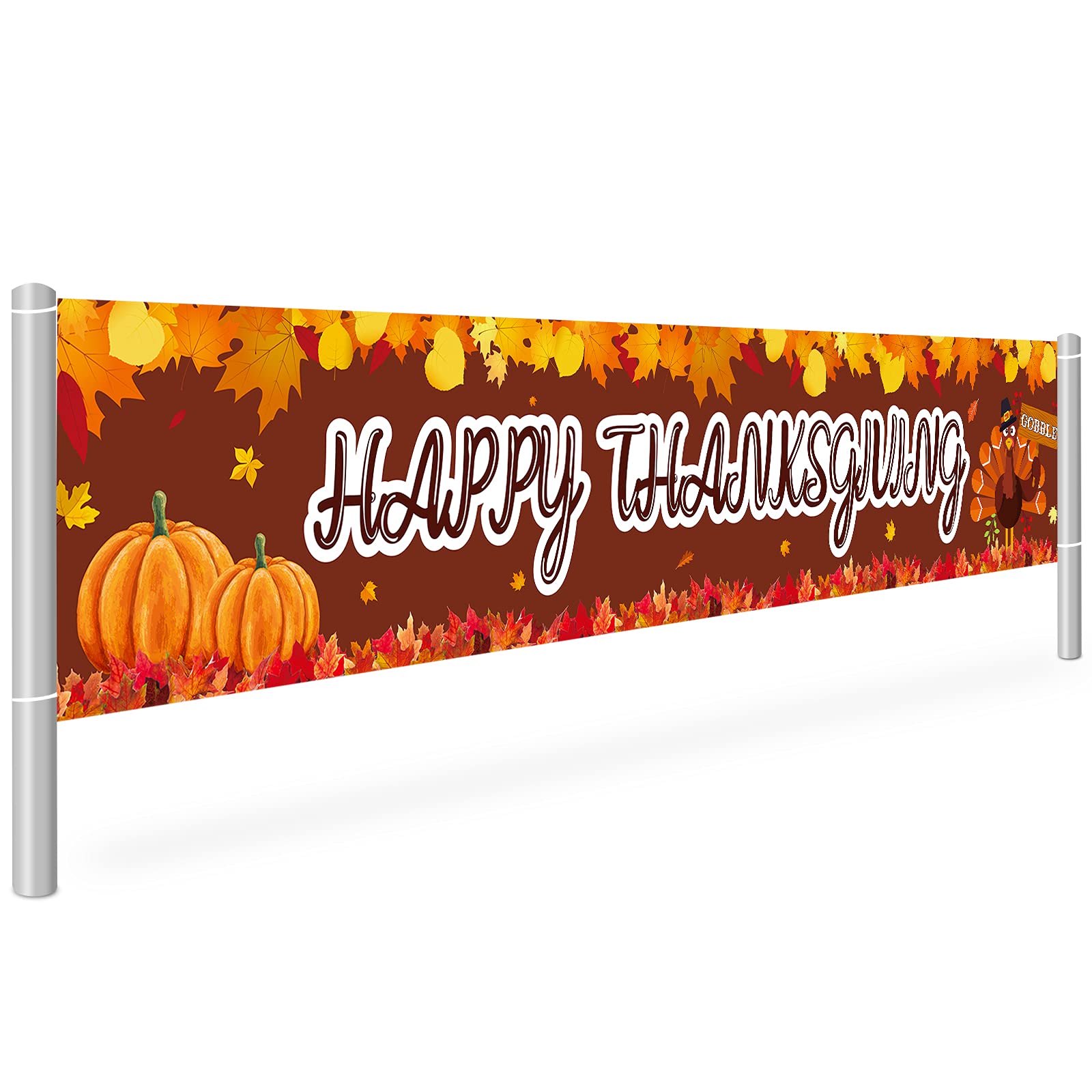 Boao Large Happy Thanksgiving Banner, Sign Decorations, Turkey Maple Leaves Pumpkin Fall Banner Background for Home Birthday Party Yard Outdoor, 8.2 x 1.5 Feet White