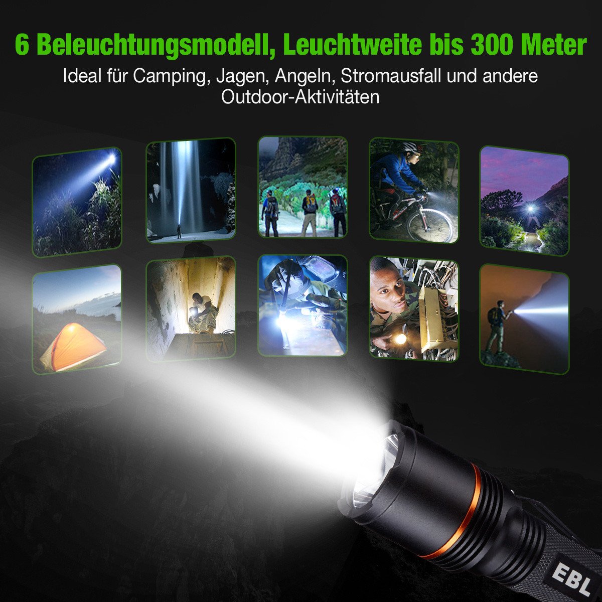 EBL Superhell CREE LED Taschenlampe 6 Modi Erstellbar USB Ladebar Wasserdicht Taschenlampe für Indoor Outdoor inkl. 2 Stück 3000mAh Wiederaufladbar Li-ionen Akku 18650