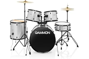 Gammon Percussion Full Size Complete Adult 5-Piece Drum Set with Cymbals, Stands, Stool, and Sticks - Silver