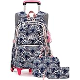 Mfikaryi 3PCS Girls Rolling Backpack Elementary Student Schoolbag Travel Trolley Bag Wheeled Bookbag with Lunch Box