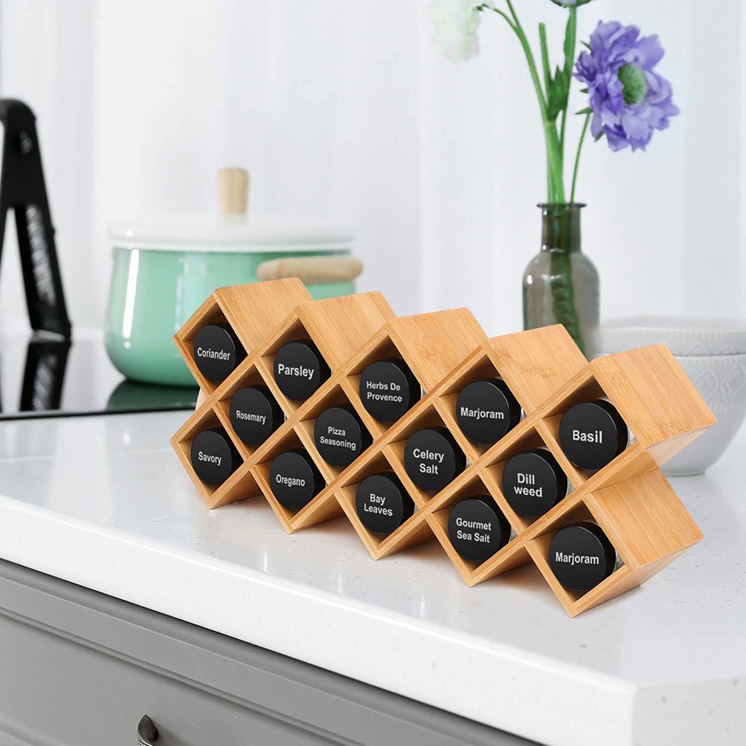 4-Tier Bamboo Countertop Spice Rack Organiser, 18-Jar Criss-Cross Kitchen Cabinet Countertop Storage Organizer Shelf - Image 4