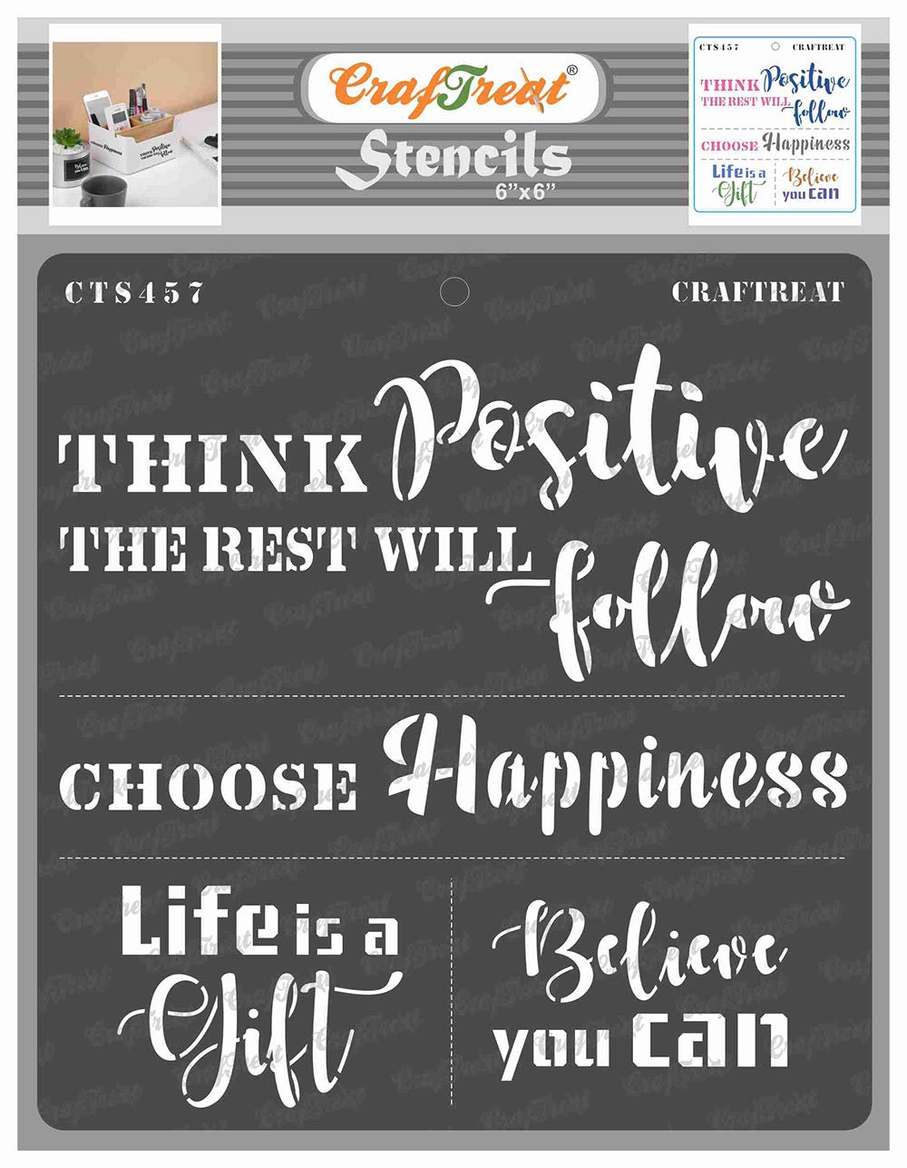 CrafTreat Reusable Quote Stencils for Painting on Wood - Think Positive -6x6 Inch - Motivational Stencils for Painting on Fabric - Saying Stencils for Painting on Canvas