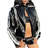 SweatyRocks Women's Faux Leather Zip Up Short Jacket Striped Moto Biker Jackets Racing Coats