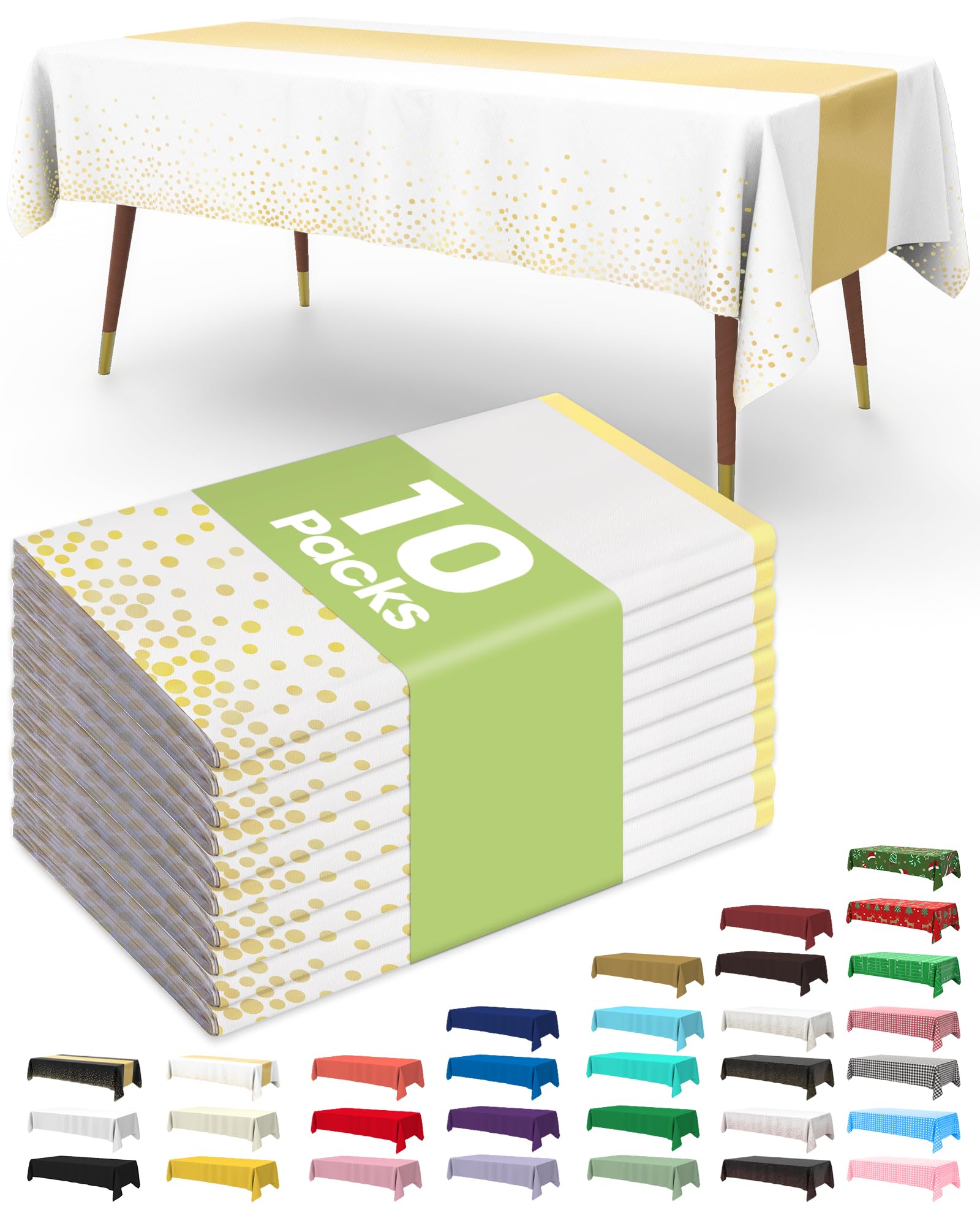 Photo 1 of Pureegg Plastic Table Cloth Disposable 10 Pack, 54 x 108 Inch, Table Runner Style, Graduation Decorations 2025, Party Tablecloths, Rectangle, Plastic Cover, Leakproof & Sturdy, White Gold