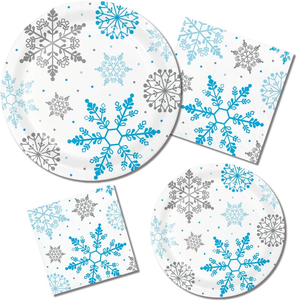 Winter Snowflakes Party Supplies Bundle Includes Paper Plates and Napkins for 8 Guests