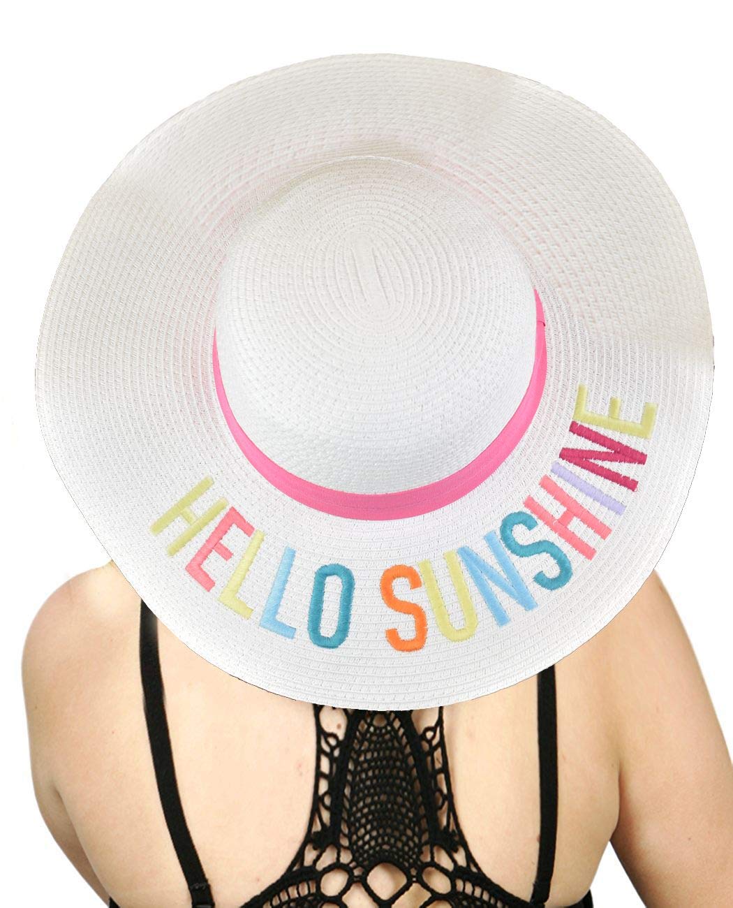 Photo 1 of C.C Women's Paper Weaved Crushable Beach Embroidered Quote Floppy Brim Sun Hat, Hello Sunshine in White Multicolored