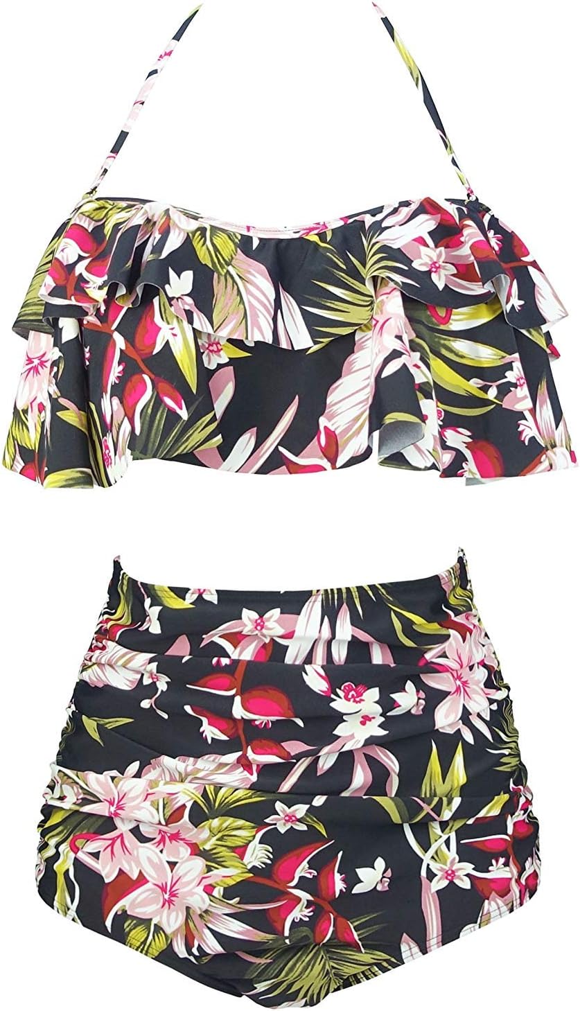 fogohill Women's Retro Boho Flounce Falbala High Waist Bikini Set Chic Swimsuit