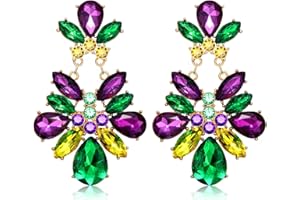 YAHPERN Mardi Gras Earrings for Women, Rhinestone Mardi Gras Accessory, Purple Green Gold Crystal Earrings Fat Tuesday Carnival Parade Party Jewelry Gifts