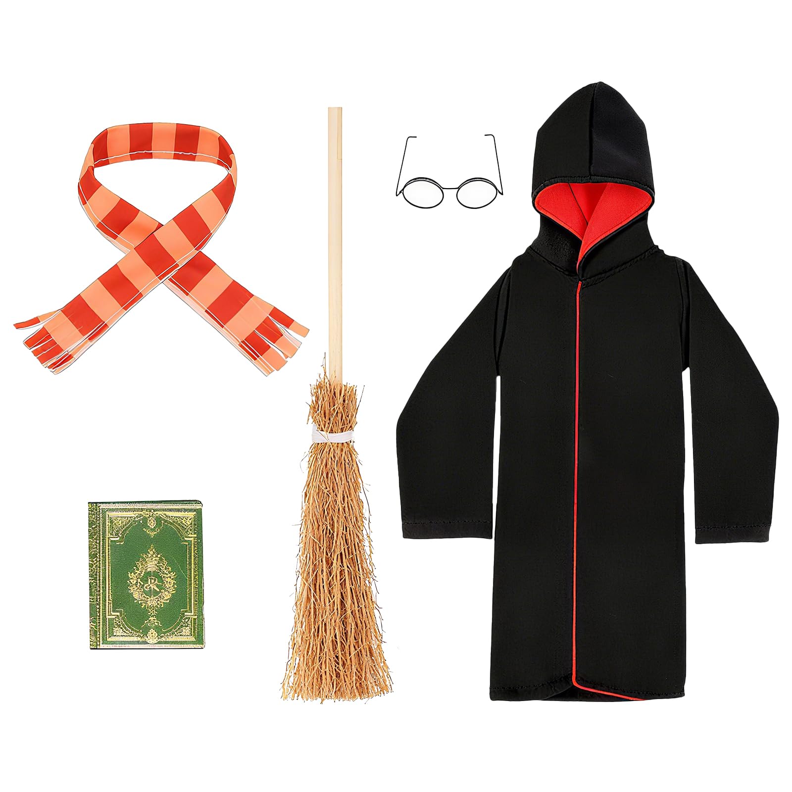 Lezevn 5pcs Christmas Doll Costume Wizard Robe Glasses Broom Scarf Book Wizard Costume for Dolls Toys (Doll is not Included)
