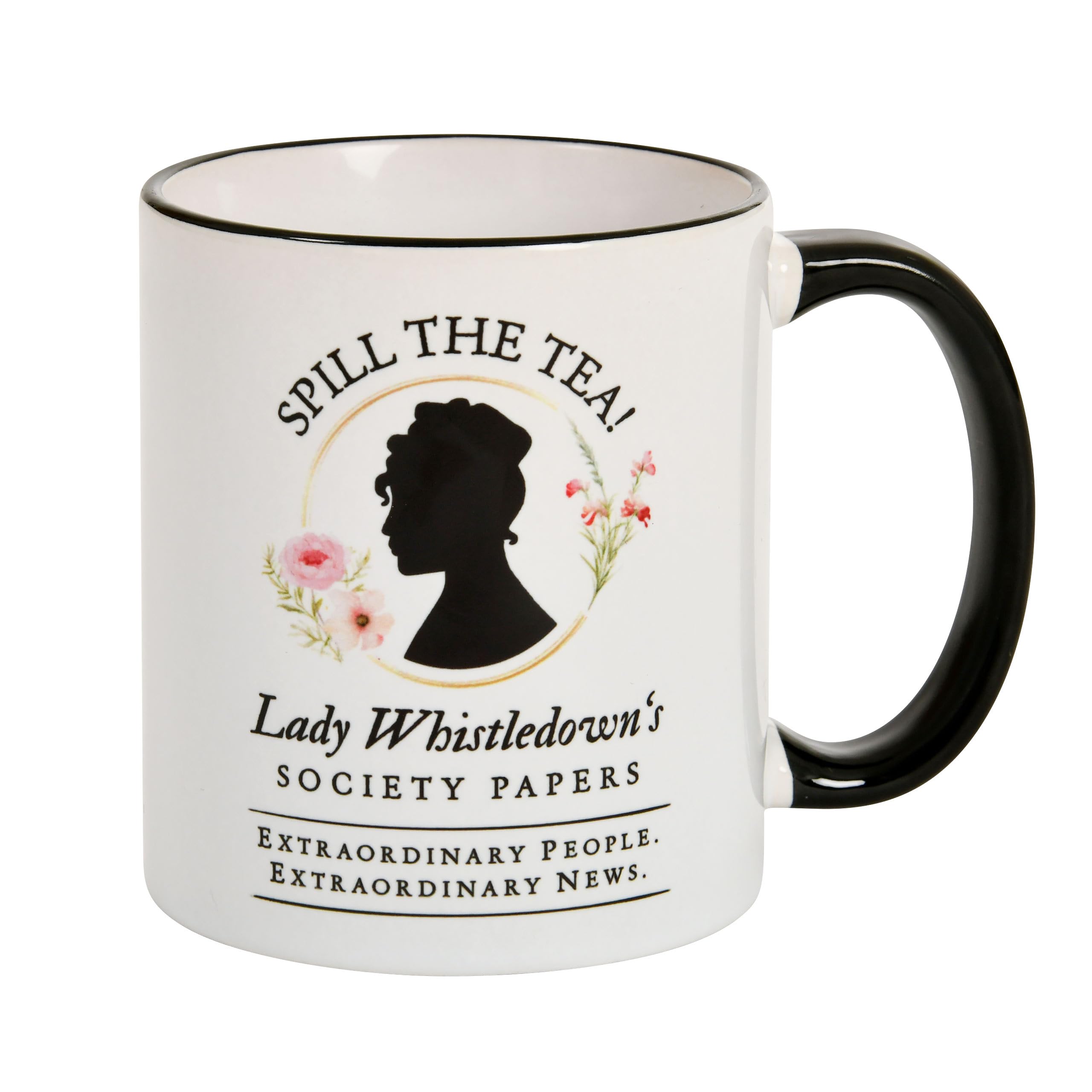 Elbenwald Bridgerton - Spill the Tea! Society Papers - 320 ml capacity 9 cm high - fan coffee mug - ceramic - white
