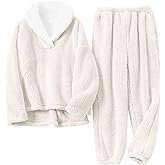Fenclushy Women's Fluffy Loungewear Sleepwear Lounge Casual Pajamas Sets Loose Long Sleeve Fleece Pullover and Pants Set