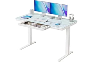 BANTI Electric Standing Desk with Drawers, 48 inch Whole-Piece Glass Desktop, Height Adjustable Stand up Sit Stand Home Office Ergonomic Workstation, White Tabletop