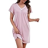 HBZDQB Womens Nightgown V Neck Pleated Sleepwear Short Sleeve Lace Trim Nightshirt Boyfriend Sleepdress