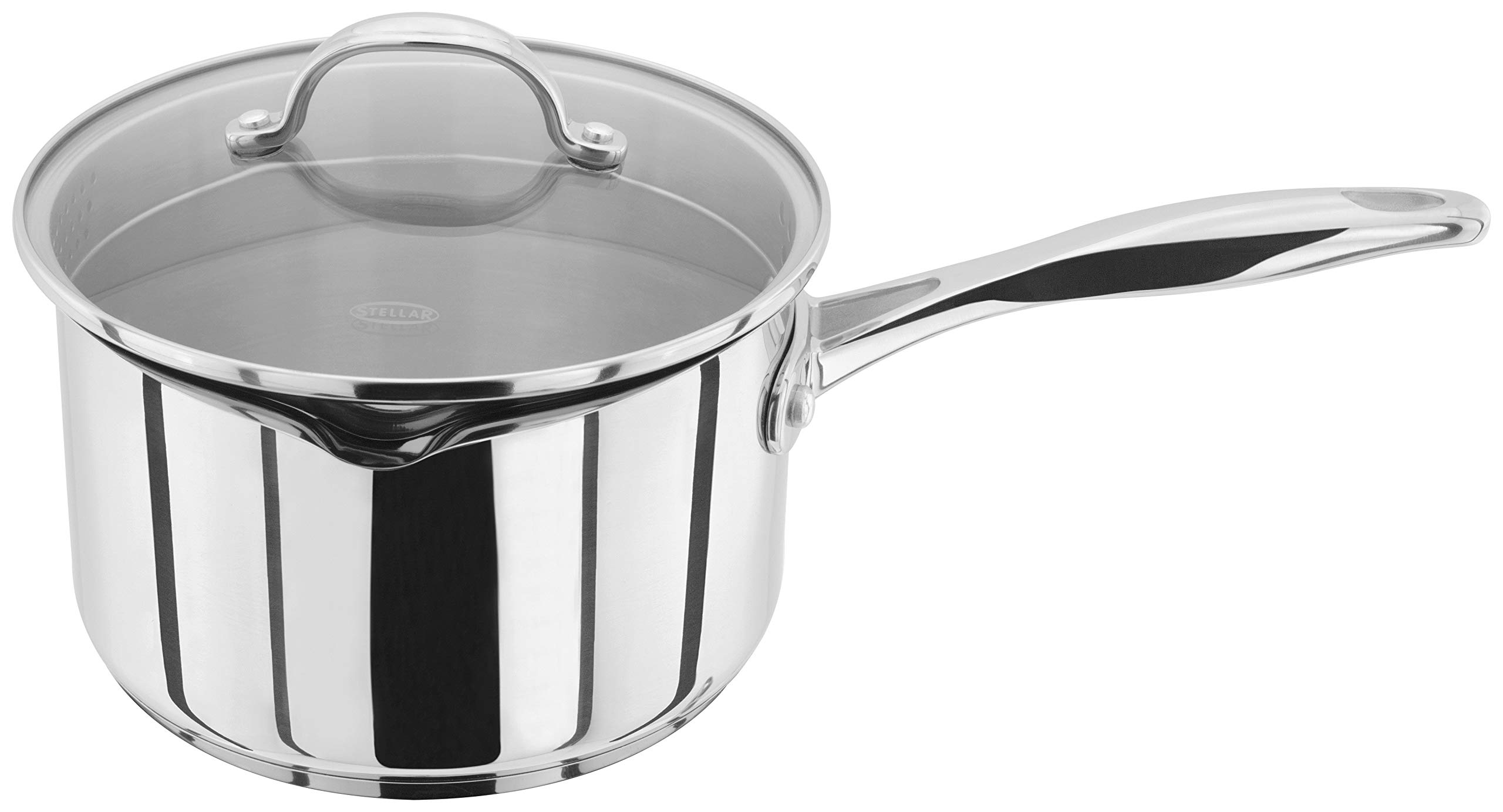Stellar Profile Stainless Steel Draining Saucepan with Lid 18cm with 2.3L, Induction Ready, Oven Safe, Dishwasher Safe — image 1