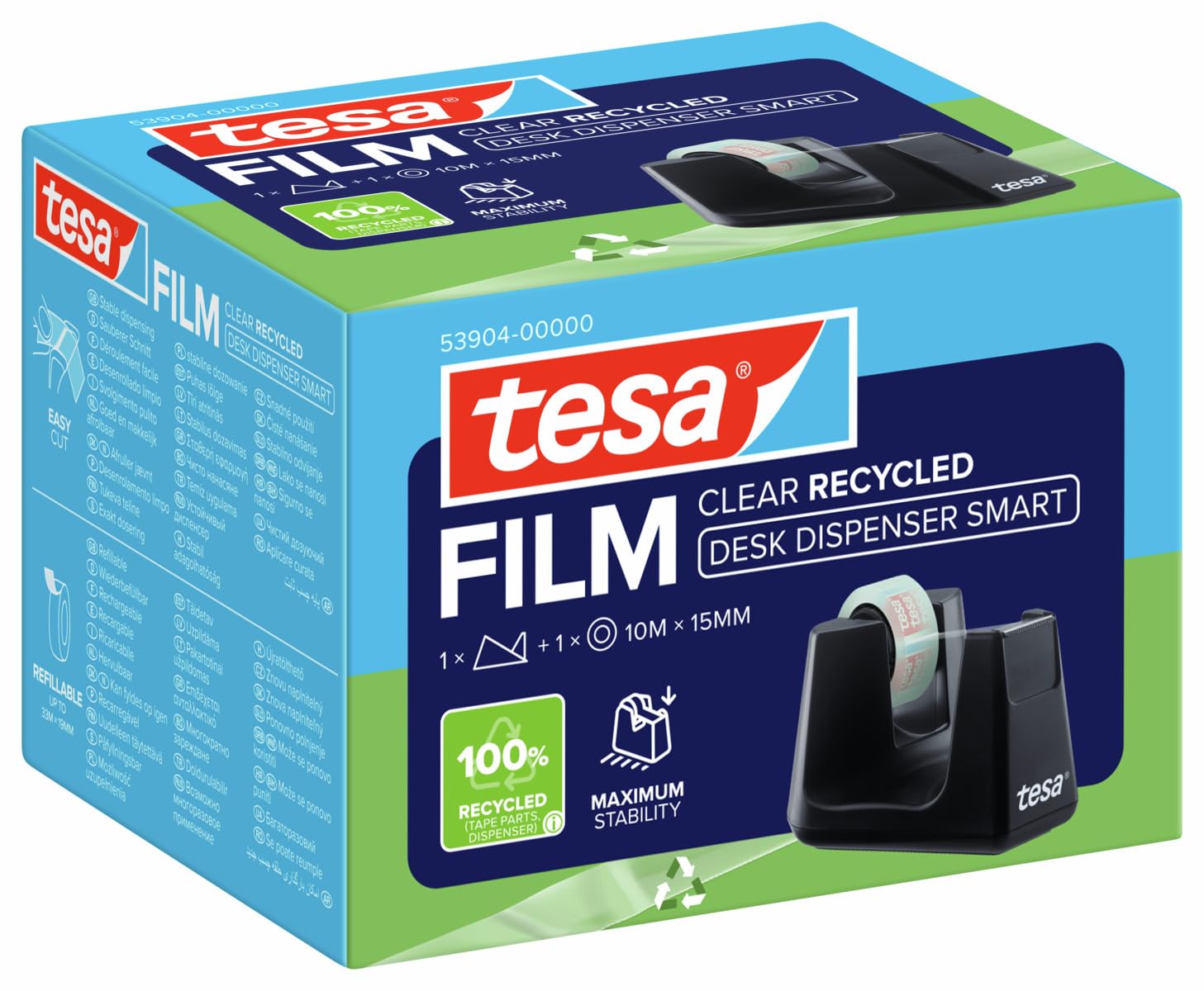 tesa Desk Dispenser SMART Recycled Adhesive Tape Dispenser for Tables/Compact Table Dispenser with Anti-Slip Technology for Adhesive Film, incl. 1 roll of tesafilm Clear Recycled 10m x 15mm