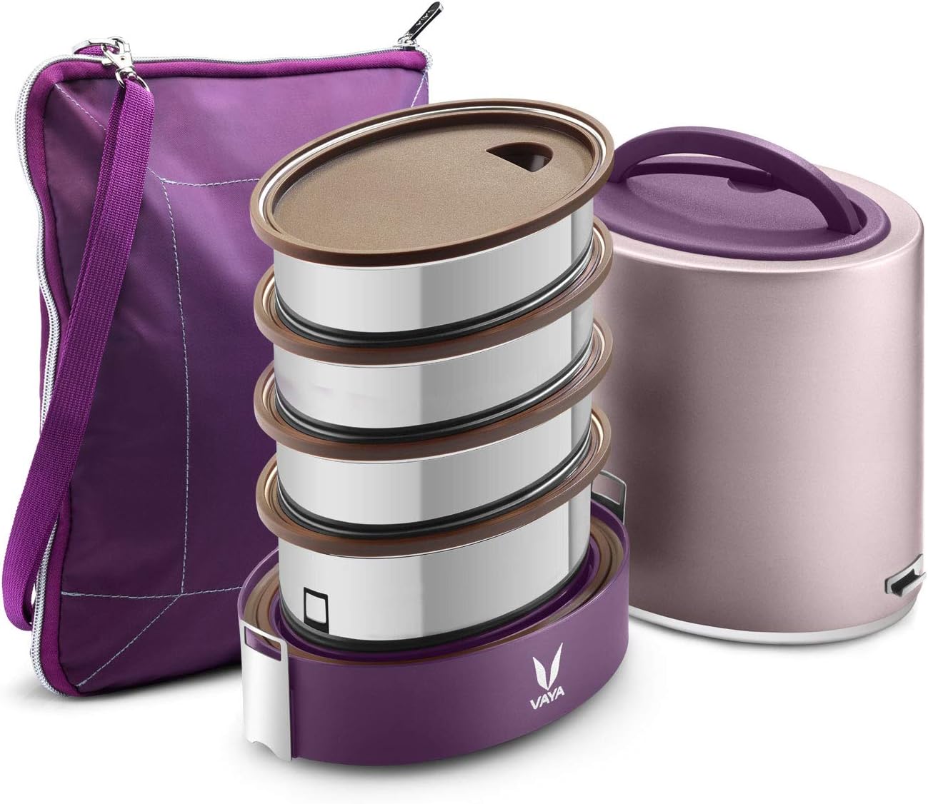 Vaya Tyffyn Jumbo 1300 ml, Purple, Vacuum Insulated Bento Box with Bagmat - 4 Polished Stainless Steel Leak-Resistant Food Storage Containers - BPA Free, Eco-Friendly Lunch Box (Color : Purple)