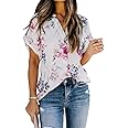 Allimy Women Summer Casual Split V Neckline Floral Chiffon Blouses Loose Tunic Short Sleeve Tops
