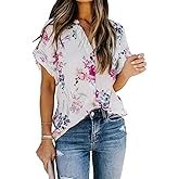 Allimy Women Summer Casual Split V Neckline Floral Chiffon Blouses Loose Tunic Short Sleeve Tops