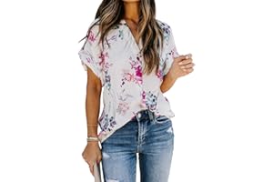 Allimy Women Summer Casual Split V Neckline Floral Chiffon Blouses Loose Tunic Short Sleeve Tops