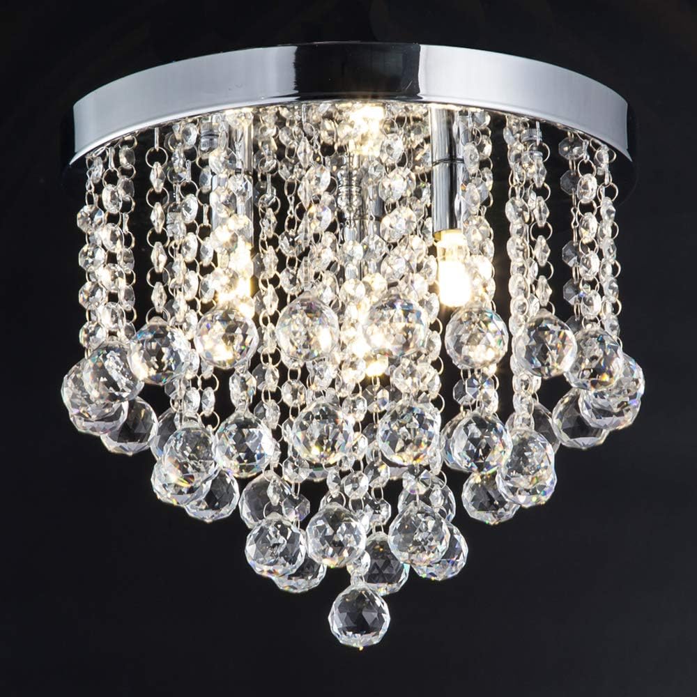 ZEEFO Crystal Chandelier, Modern Chandeliers Crystal Ball Light Fixture, 3 Lights, Flush Mount Ceiling Light 11.8 Inches Diameter for Hallway, Bedroom, Living Room, Kitchen, Dining Room (Silver) - - 