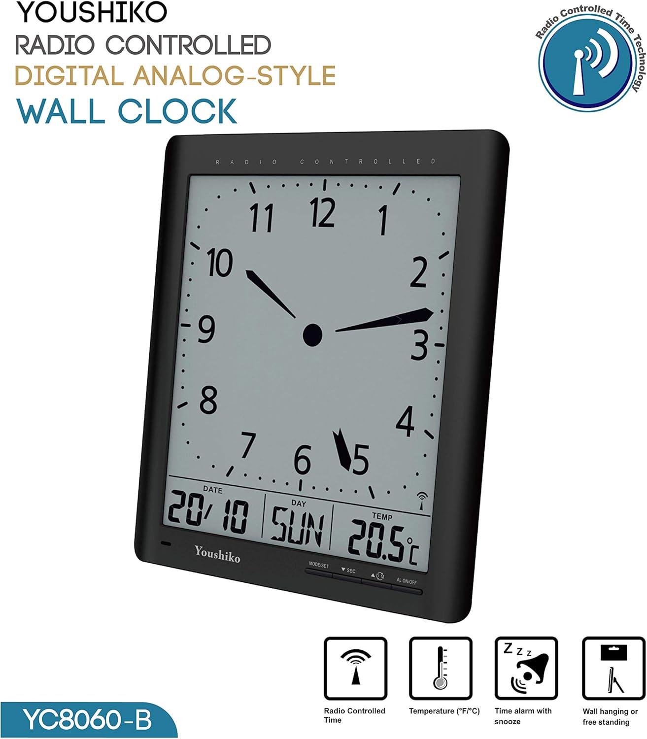 Youshiko Radio Control (UK & Ireland Version/Premium Quality/Clear Display) Digital Analog Style Silent Wall Clock - Image 4