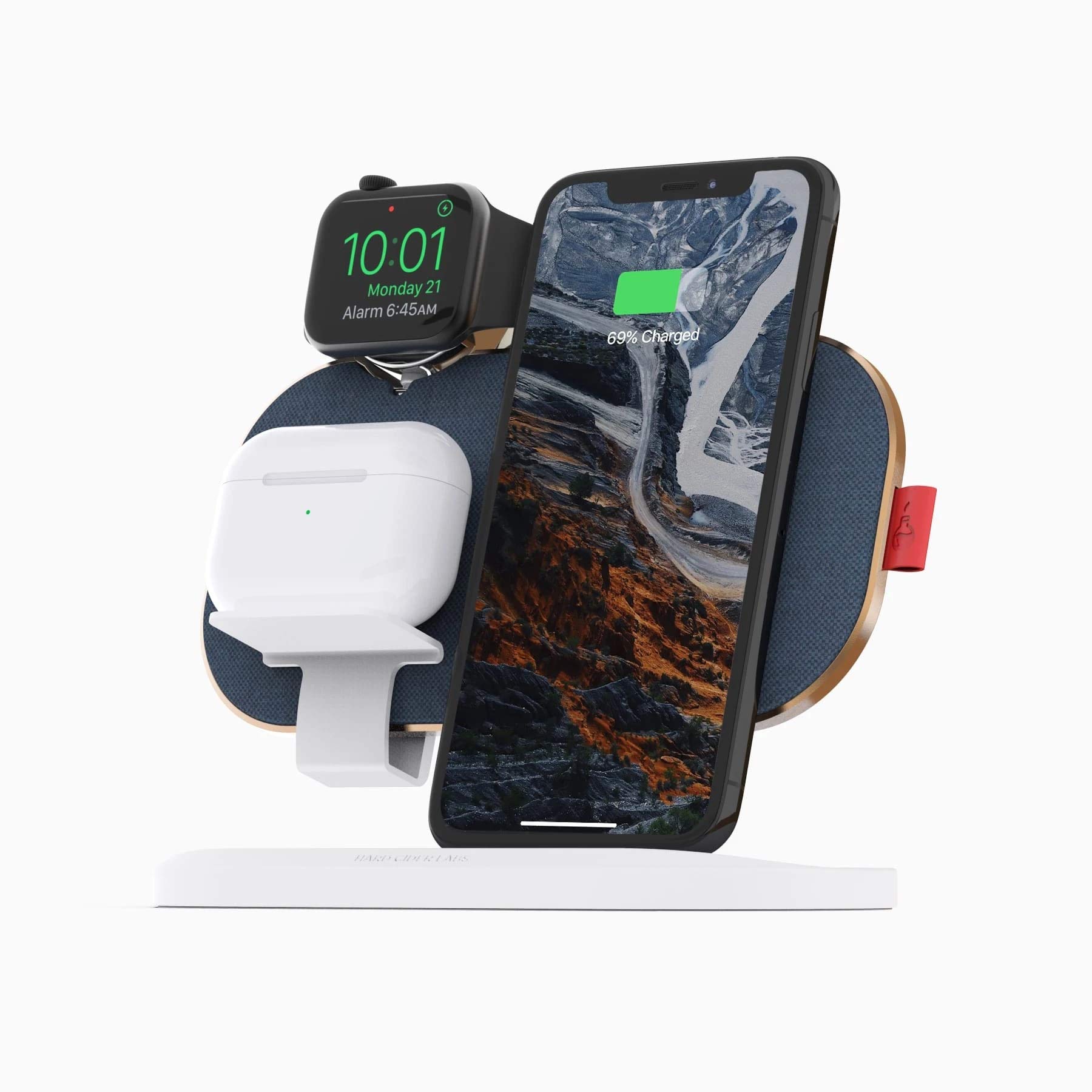 HardCiderLabs SLICECHARGE 3 Watch Edition，45W Fast Charging,5 in1 Wireless Charging Mat for Apple Watch & AirPods，iPhone 11/XR/8Plus/SE, Compatible Samsung Galaxy… (Gold/Navy)