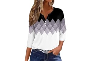 ROKIACDE Womens 3/4 Sleeve Tops,Women's T-Shirts Dressy Button Down Tunic Tops Striped Blouses Henley V Neck Summer Cute Tees
