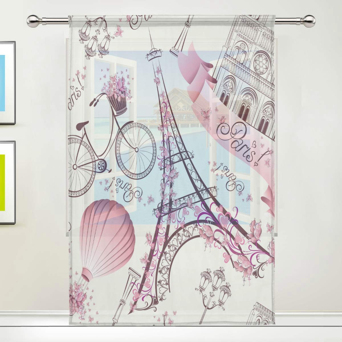 CPYang Sheer Curtain Paris Eiffel Tower Flower Voile Window Curtain Drapes for Living Room Bedroom Door Kitchen 55x84 inches, 1 Panel