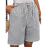 EXLURA Womens Striped Bermuda Shorts Casual Cotton Linen Shorts Elastic Drawstring Summer Beach Vacation Shorts Pockets
