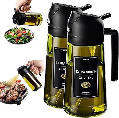 CXINYI - 16oz/470ml Olive Oil Dispenser for Kitchen with Stickers - 2 in 1 Olive Oil Sprayer for Cooking, Air Fryer, and Salad, 2 Black (Light-Proof Kitchen Gadget)