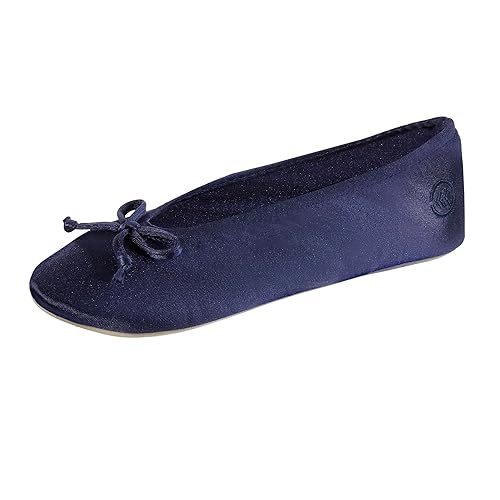 isotoner Women's Classic Stretch Satin Ballerina Slippers with Bow Tie and Leather Sole, Navy Blue, 6.5-7.5