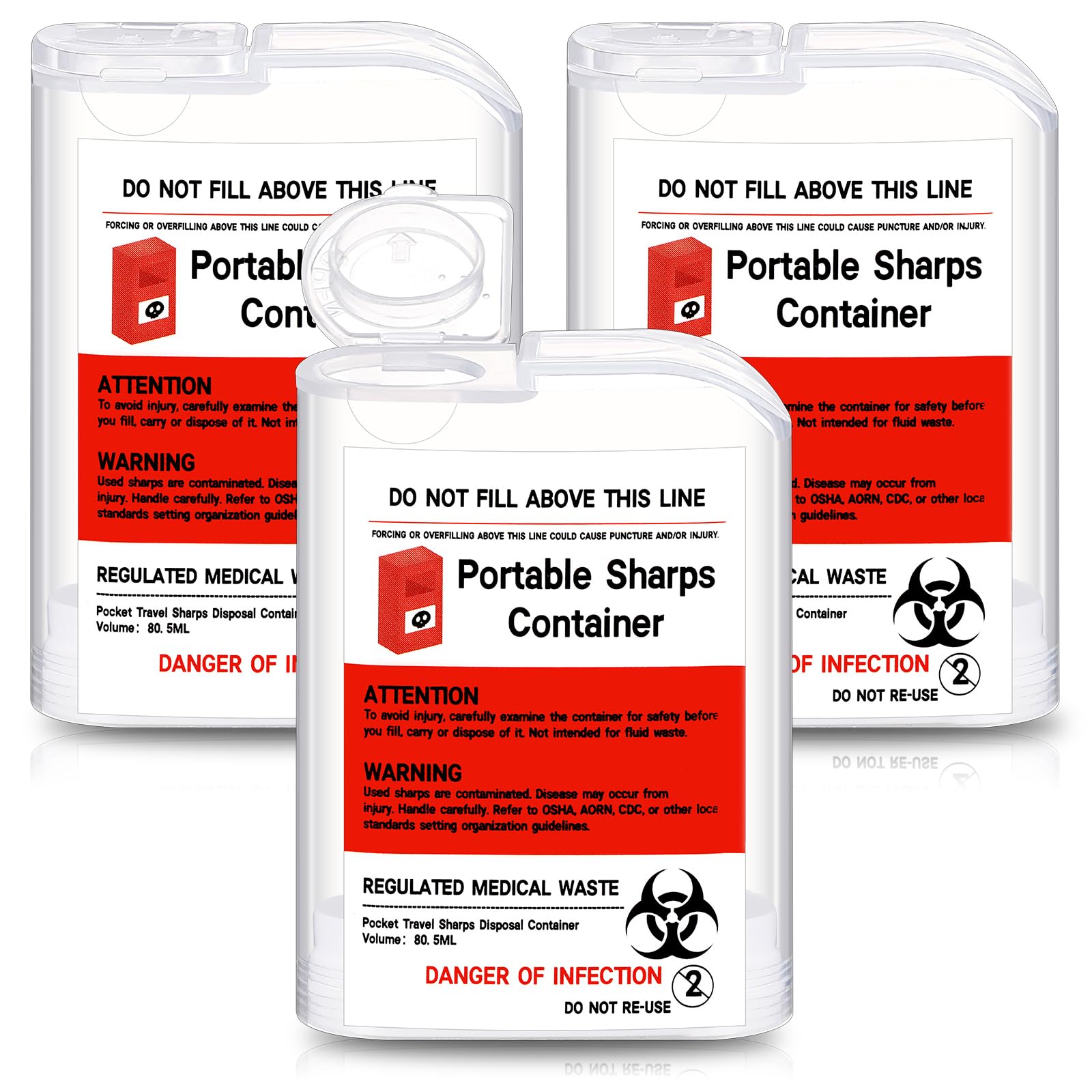 Photo 1 of Baderke 3 Pcs Pocket Travel Sharps Disposal Container, 80ml Needle Disposal Containers Home Small Sharps Portable Biohazard Syringe Box for Home Travel Diabetic Supplies(Clear)