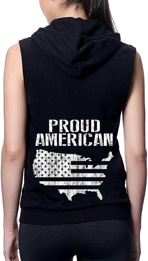 Interstate Apparel Junior's Proud American Flag Map Black Sleeveless Fleece Zipper Hoodie