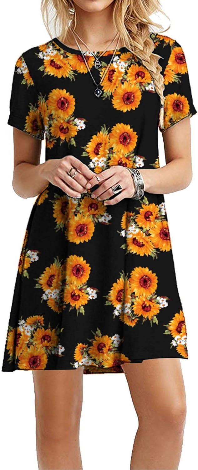 MOLERANI Women's Casual Plain Simple T-Shirt Loose Dress (L, 2 Sun Flower)