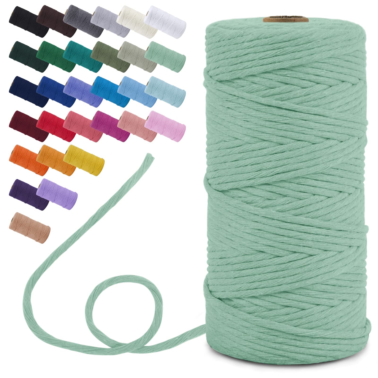 Uiopa Macrame Cord 3mm x 100m, Single Strand Macrame Yarn Thick Thread Natural Cotton Cord, Coloured Macrame Craft String for DIY Crafts, Wall Hanging, Plant Hanger, Tassels (Mint Green)