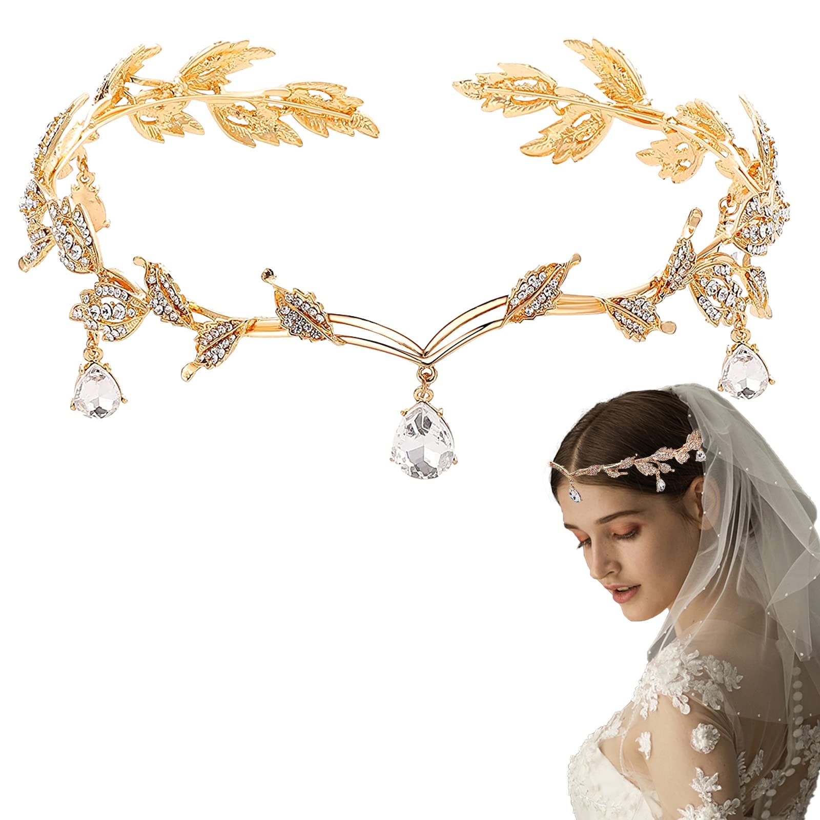 DonLeeving Elegant Rhinestone Leaf Tiara and Crown with Crystal Pendant for Bride, Bridesmaid, Birthday, and Cosplay, 1 Count (Pack of 1), Alloy, Rhinestone